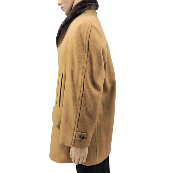 Vintage H.I.S Mens Camel Coat With Faux Fur Lining & Shawl Collar Button Closure - Picture 2 of 9